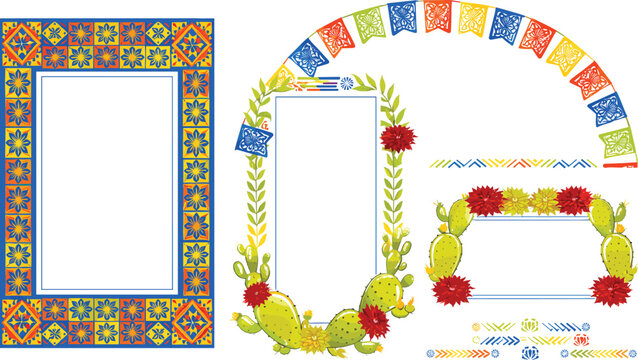 Mexican Fiesta Border and Frame Collection with Ornate Talavera Ceramic Tile Pattern, Prickly Pear Cactus Stems, Blooming Marigold Flowers, and Papel Picado Garlands