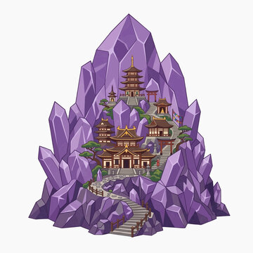 A breathtaking oriental temple complex nestled atop a majestic mountain of purple crystal, featuring intricate pagodas and serene gardens. The pathway winds its way up to the spiritual sanctuary