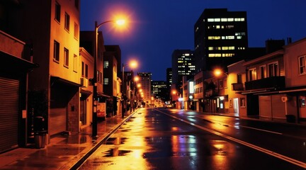 Fototapeta premium City street at night. Streetlights shine on wet pavement reflecting colorful building lights. Dark sky above buildings with glowing windows. Urban scene after rain.