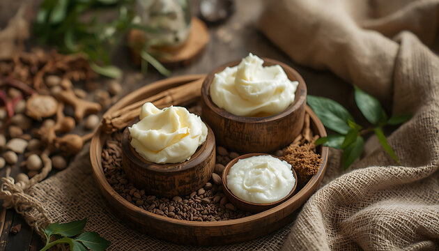 Three wooden bowls of shea butter on a rustic wooden plate with spices