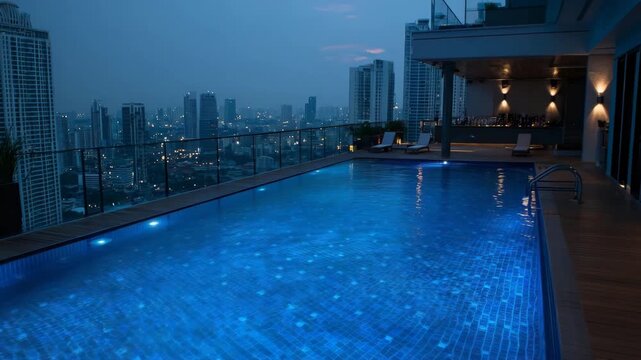 modern rooftop deck with pool and bar in bangkok video dolly in