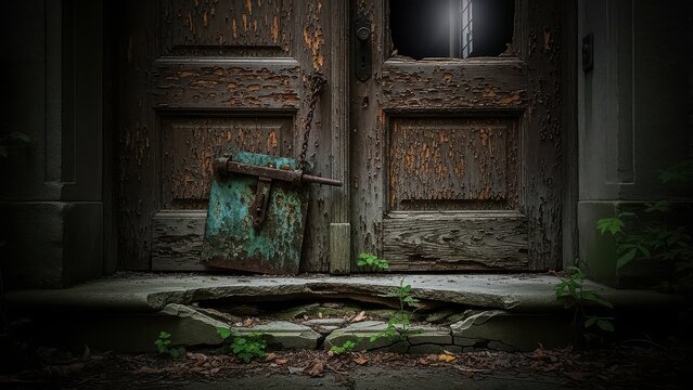 Old weathered doors with decaying stone threshold