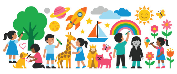Fototapeta premium Children painting and drawing imaginative colorful objects.