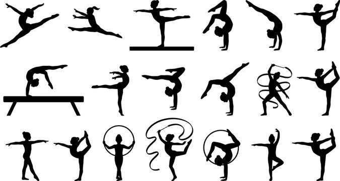 Various gymnasts perform acrobatic poses and movements in different stances and positions.