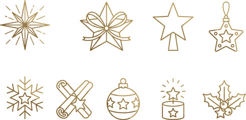 Obraz premium Gold Christmas Stars and Festive Winter Decoration Line Icon Set