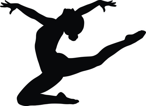 A dancer performs a dynamic leap with arms outstretched and one leg extended.