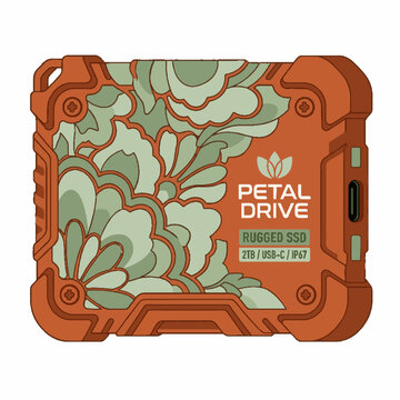 Vector illustration of a rugged external solid-state drive with a floral pattern and technical specifications on a white background