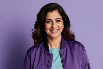 Fototapeta premium Middle aged Indian woman smiles joyfully wearing purple bomber jacket over light blue t-shirt. She has wavy brown hair and stands against a solid pastel purple background.