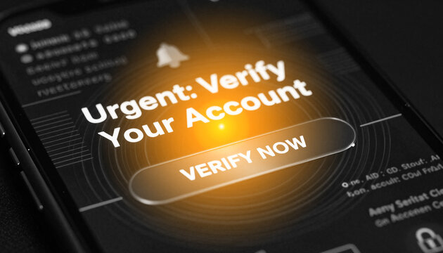 Smartphone screen with urgent account verification notification and verify now button. Concept of cyber security alert, phishing threat, and digital identity protection