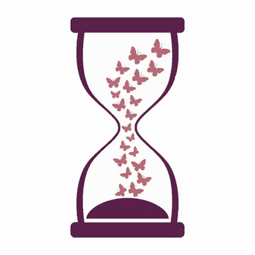 A symbolic vector illustration depicting an hourglass where numerous delicate butterflies fall like grains of sand, representing the passage of time, change, and transformation in a minimalist