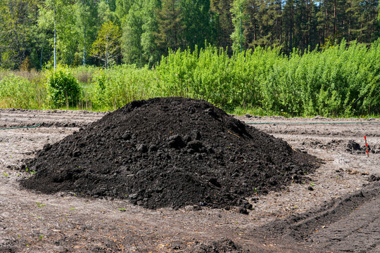 Large pile of fertile black soil on cleared farmland during agricultural site preparation work