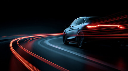 Modern sports car driving on a futuristic neon highway at night with glowing red light trails perfect for automotive advertising and speed concepts