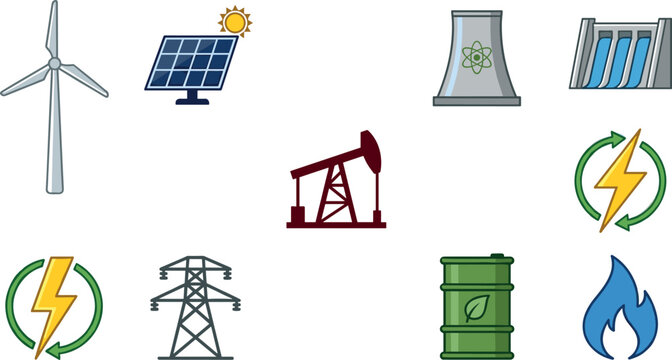 Renewable and Nonrenewable Energy Industry Vector Icon Set