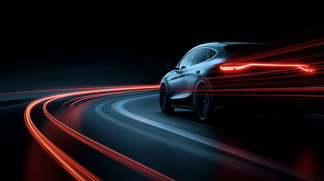 Modern sports car driving on a futuristic neon highway at night with glowing red light trails perfect for automotive advertising and speed concepts