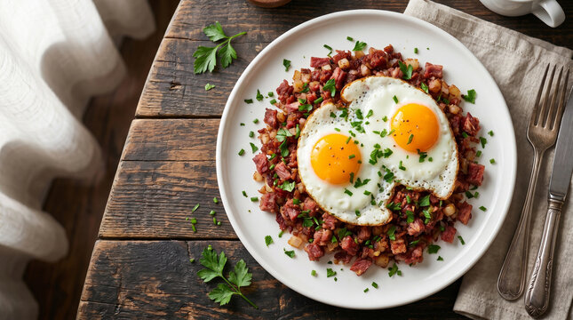 A hearty breakfast of corned beef hash, two fried eggs, and fresh herbs served on a white plate. Delightful savory commercial food photography shot from a top-down angle.