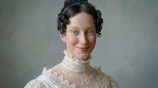 Elegant aristocratic woman inspired by early 19th century French Empire fashion wearing a luxurious historical gown with refined details and standing in a cinematic historical atmosphere