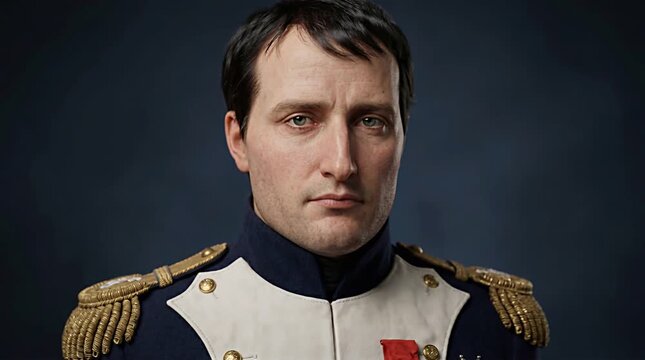 Cinematic close-up portrait of a stern imperial military commander inspired by early 19th century France turning toward the camera in a decorated uniform