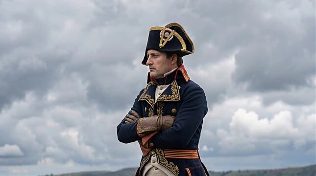 Cinematic scene of an imperial military commander inspired by early 19th century France standing alone on an open battlefield and looking into the distance while wearing a traditional bicorne style 