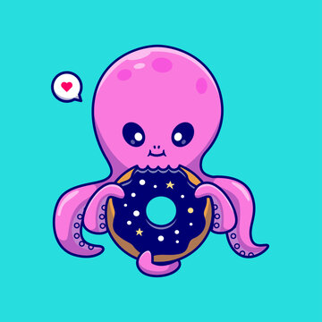 Cute Octopus Eating Donut Space Cartoon