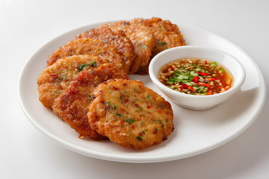 Classic Thai Tod Mun Pla Fish Cakes Served with Spicy Dipping Sauce on a White Plate