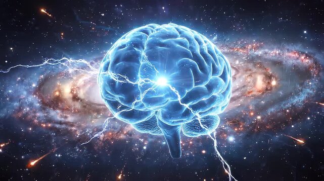 Human brain glowing with electrical activity against cosmic galaxy background. Neural network and artificial intelligence concept. Lockdown shot.
