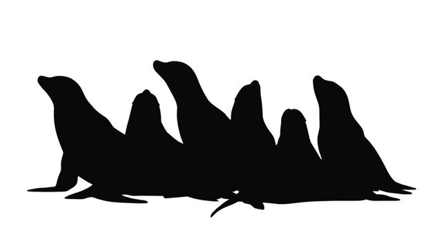 Silhouettes of five seals or sea lions sitting together facing upwards on a flat surface against white.