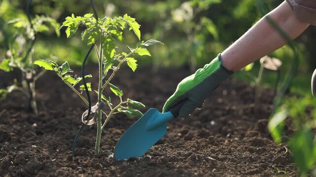 Gardener with shovel adding granulated fertilizer to young tomato plant in garden. Hand fertilizing vegetable seedling in soil using trowel