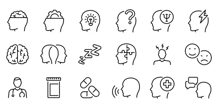 Psychiatry and Mental Health Therapy Line Icons Set. Psychologist, Depression, Anxiety, Stress, Brain, Emotion, Treatment, Hospital and Psychotherapy Support Vector Illustration Collection.