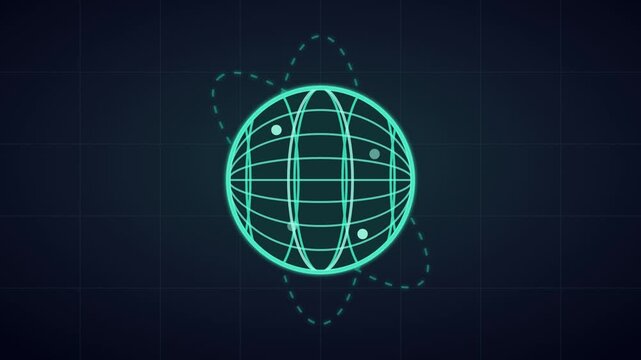 A glowing green wireframe globe rotates on a dark background with dotted lines.