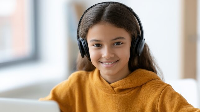 Girl wearing headphones and smiling during online learning session, colorful stationery on table, home study concept