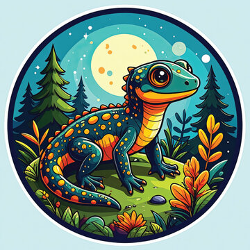 Colorful Lizard Under Moonlight Standing.