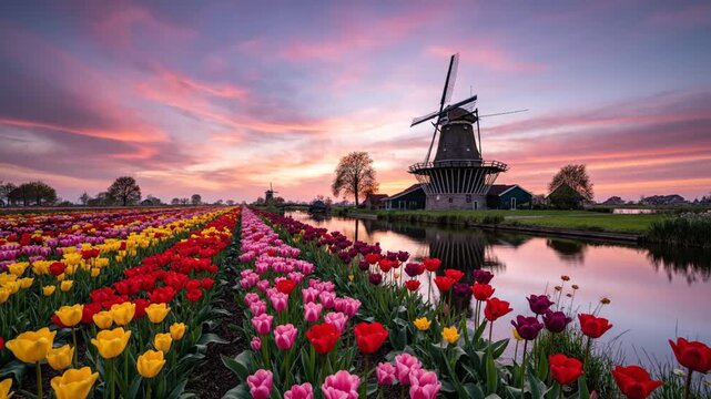 A vibrant field of colorful tulips surrounds a traditional wooden windmill at sunset