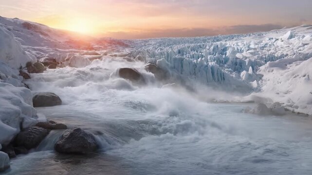 Glacier Landscape in Hyperrealistic Style at Sunrise with Flowing Meltwater and Misty Icy Waves in Polar Cold Wilderness