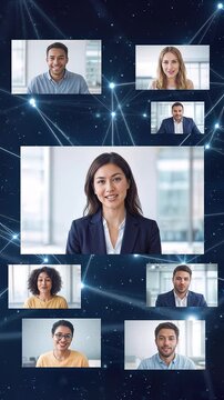 Professional business team participating in virtual conference call. Global communication and remote work concept. Static vertical shot.