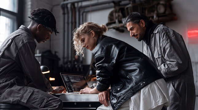 Diverse Gen Z team of young engineers or technicians looking at laptop screen with code in industrial workshop, engineering students training concept.