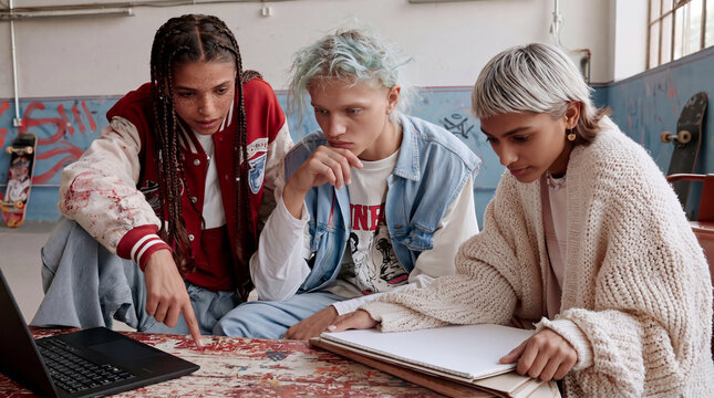 Creative Gen Z students sketching and pointing at laptop screen in skatepark interior, diverse young alternative group working together, teamwork concept.