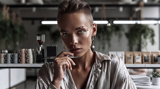 Portrait of stylish Gen Z woman barista holding pen in modern coffee shop interior, alternative female student or creative worker at cafe desk, business owner concept.