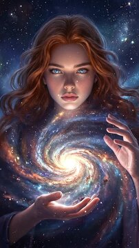 Mystical young woman holding glowing spiral galaxy between her hands. Surreal cosmic fantasy with starry background. Static close-up shot.