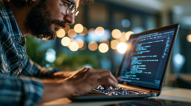 A European programmer viewed from the side writes softly bright CNC code on a calm laptop in a modern factory office in soft daylight code writing faceless side view modern