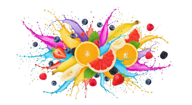 Fresh fruits and berries with colorful liquid splashes isolated on transparent background