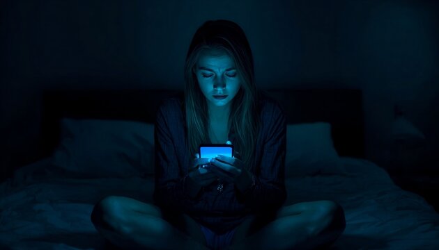 Young woman sitting on a bed in a dark room holding a glowing smartphone, looking stressed and exhausted, digital burnout and mental fatigue concept.