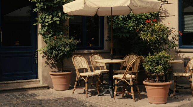 Outdoor cafe seating area with tables and chairs under a parasol. Green plants and ivy adorn the facade of the building. Cobblestone ground and a blue door create a charming Parisian atmosphere.