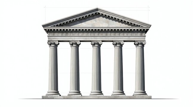 Classic Greek temple facade with six ionic columns and triangular pediment on white background. Architectural element represents stability strength and history. Symbol of law order and governance.