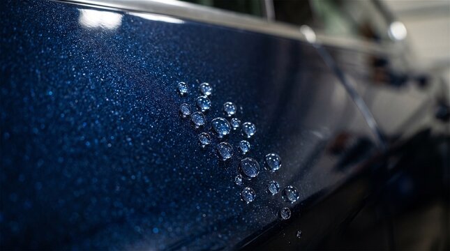 Hydrophobic effect of water on blue car paint coating protection scene