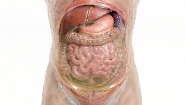 Ascites Abdominal Anatomy 3D Render Showing Peritoneal Fluid Around Liver and Bowel Loops for Patient Education