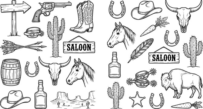 Vintage wild west and cowboy elements set featuring hand drawn engraving style icons sketches and desert ranch objects