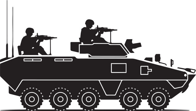Silhouette of military personnel in an armored vehicle with guns, isolated on white background
