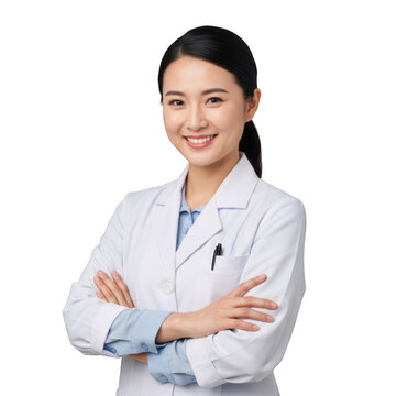 Smiling female doctor with arms crossed isolated on transparent background