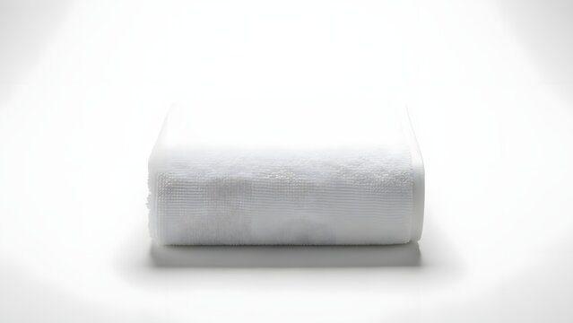 A neatly folded fluffy white towel rests on a clean surface, ready for use. The plush texture suggests comfort and cleanliness