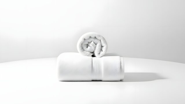 Two white towels are neatly folded and stacked, one on top of the other, on a clean surface. The towels appear soft and absorbent, suggesting a sense of cleanliness and comfort